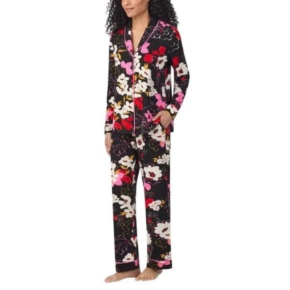Room Service Women's Shawl Collar Pajama Set - Black Floral - XL NWT